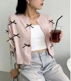 新品　one after another リボンいっぱいカーデ ピンク