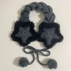 イヤーマフ　星型　ぽんぽん付き　グレー　編み物　y2k