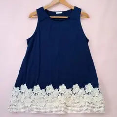 美品✨️　 ESPOIR チュニック ノースリーブ ネイビー Lサイズ　レースのサムネイル