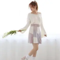 NICE CLAUP パッチワーク風ベルト付き台形スカート　新品タグ付き