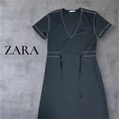 【美品】ZARA WOMAN Vネック ワンピース 黒 白ステッチ 半袖 M