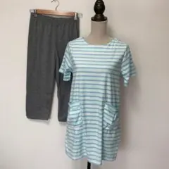 【新品】ボーダー柄 タオル パイルルームウェアセット パジャマ グリーン