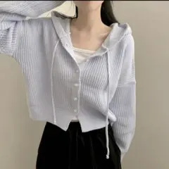 ルーズフィットニットカーディガン　ニットパーカーカーディガン　水色　パステル