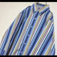 ラルフローレン ボタンダウンシャツ 長袖 ブルー系ストライプ 赤ポニー刺繍 M