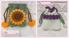 花　巾着　ポーチ　小物入れ　ハンドメイド　編み物　かぎ編み あみぐるみ　セット