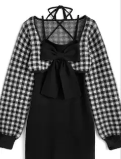 チェック柄シャギーボレロ×ホルターネックリボンミニワンピースアンサンブル