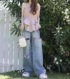 成瀬愛里 ダメージ加工 ワイドデニムパンツ ロング丈 aris - メルカリ