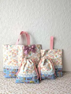 入学入園4点セット、女の子、レッスンバック☆上履き袋☆給食袋、紫、ハート、ピンク