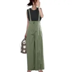 オリーブグリーン サロペット ワイドパンツ