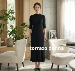 torrazo donna 黒薄手リブニットワンピースバックリボン付き6部丈袖M