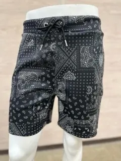 ハーフパンツ　黒ペイズリー　Lサイズ メンズ 膝上 ショートパンツ 短パン