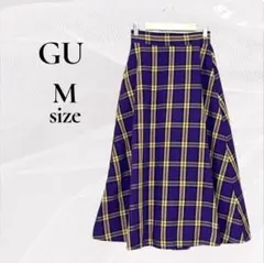GU 美品 チェック フレアスカート ロングフレア パープル M 紫
