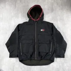 C126 90s トミーヒルフィガー ナイロンジャケット 裏フリース L 黒