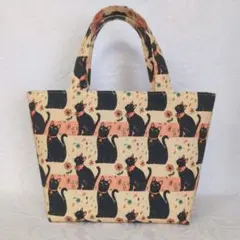 お花と黒ねこ ミニトートバッグ ハンドメイド