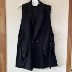 メンズブラック ロングベスト ジレ ダブルボタンのサムネイル