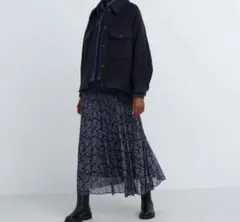 UNIQLO:Cシフォンプリーツロングスカートネイビー 花柄 M