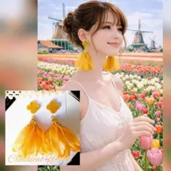 四葉ꕤクローバー シフォンリボンタッセル ピアス イヤリング クラシカルイエロー