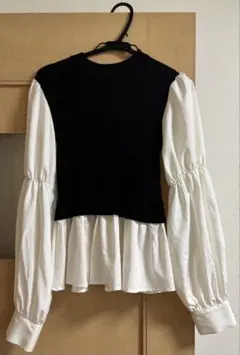 黒白コンビネーション長袖トップス