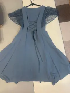 ブルー レース袖 フレアドレス