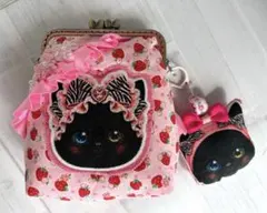 【猫柄 がま口】ハンドメイド ポーチ＆チャームセット　黒猫