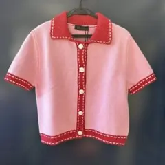 ZARA ピンクレッド ショートスリーブカーディガン L