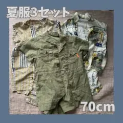 BREEZE ロンパース 夏服3点セット Disney 半袖 カーキ ストライプ