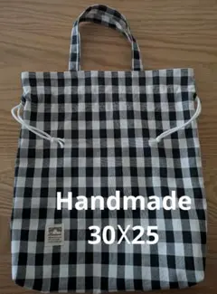 ハンドメイドNo.30 黒ギンガムチェック　巾着トートバッグ　通園　着替え
