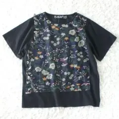ふりふ　和風小花柄チュール半袖Tシャツ　カットソー　ブラック　フリーサイズのサムネイル