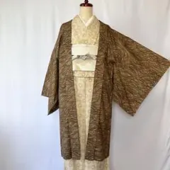 正絹　単衣　女物　長羽織　茶系　柴草