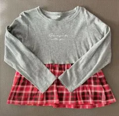 長袖 グレー 赤チェックフリル 120cm