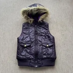 美品 M ファー付きフード 中綿ベスト 光沢 ダークパープル