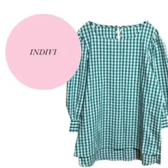 【インディヴィ】INDIVI♡五分袖ブラウス【38】緑♡白♡チェック♡被りタイプ