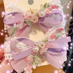 プリンセス風 ヘアクリップ リボン パープル 花レース パール 2点セット