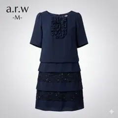 ARROW アロー フリルレース切替お呼ばれワンピース M ネイビー 韓国製