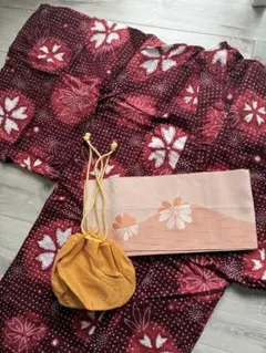 赤と白の花柄 浴衣・帯・巾着セット バラ売り可