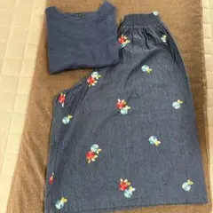 刺繍デニムガウチョパンツとショート丈トップス2点セット