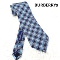 美品 バーバリー イタリア製ネクタイ ノバチェック 総柄 ホースマーク刺繍 青