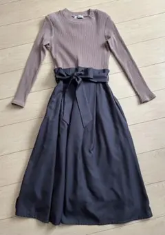 【美品】ナノユニバース リボン リブニットドッキングワンピース モーブ×ネイビー