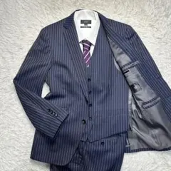 極美品 スーツセレクト ウール混 スリーピース ネイビー ストライプ 背抜 A4