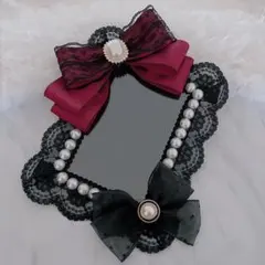 硬質ケース レースデコ B7 黒 赤 ワインレッド リボン パール 縦横兼用