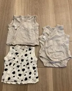 ベビー短肌着2点、ノースリーブロンパース1点、計3点セット 無地ベージュ・牛柄