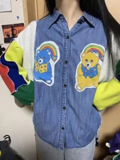 リメイク　再構築　デニムシャツ　ニット　カラフル