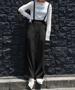 pufe サスペンダー付きタックパンツ　ブラック　ロング