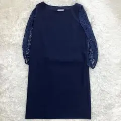 美品 GIRL ネイビー レース袖 ワンピース ドレス M 冠婚葬祭 パーティー