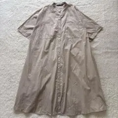 ミズイロインド　バンドカラーロングシャツワンピース　半袖　ベージュ　コットン