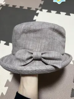 未使用-リボン付きグレー系バケットハット