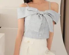 LIPSERVICE ツイードリボンオフショルトップス　ブルー