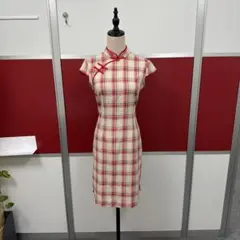 赤と白のチェック柄チャイナドレスM-L