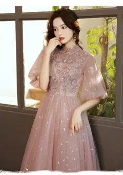 ピンク刺繍チュールドレス Aライン