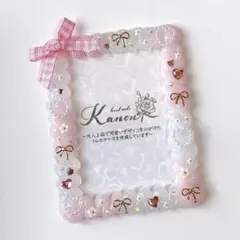 【No.434】薄ピンク♡ギンガムリボンのホイップデコトレカケース　硬質ケース